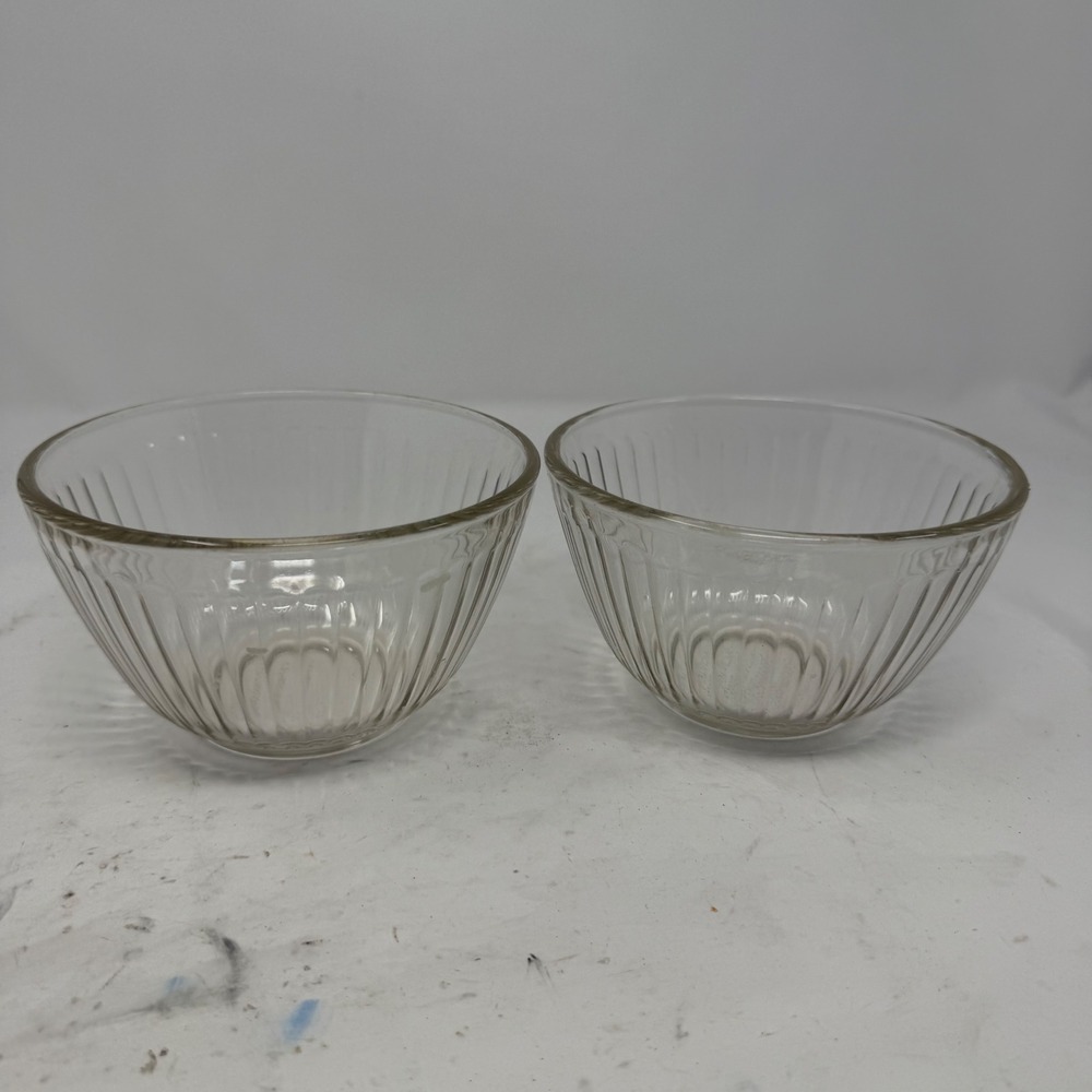 Vintage Pyrex 7401-S Clear Ribbed Glass Custard Cups Prep Bowls Set of 2 750mL